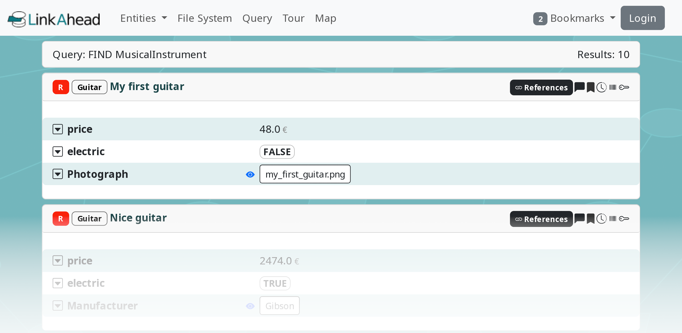 Search results in the web interface: A few musical instruments