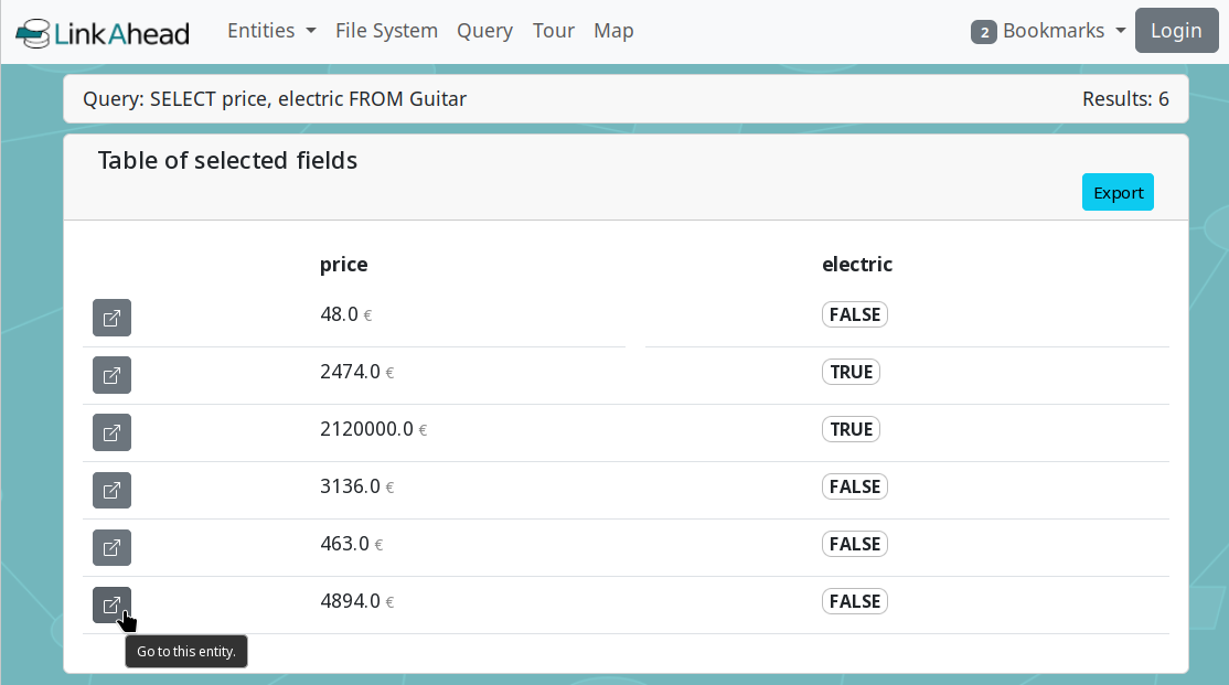 A screenshot of LinkAhead, showing the query 'SELECT price, electric FROM Guitar'. Below the query field, a table shows the results.